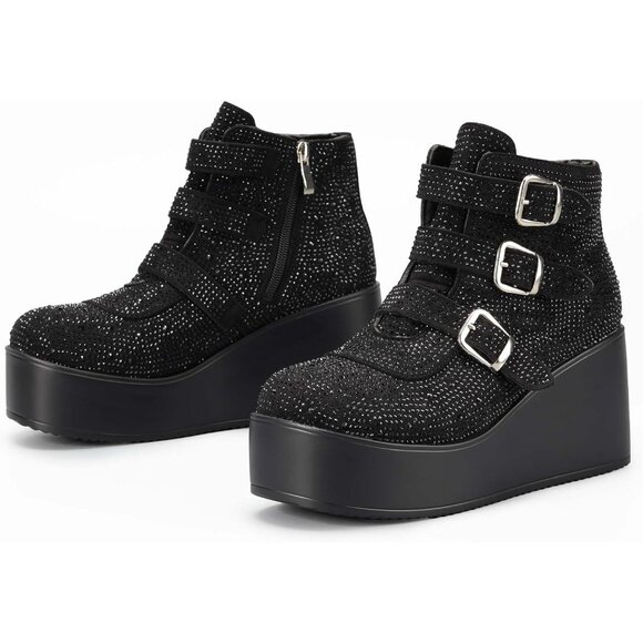 Lucky Step Women Black Round Toe Zipper Wedges High Heel Rave Buckle Booties - Picture 2 of 9
